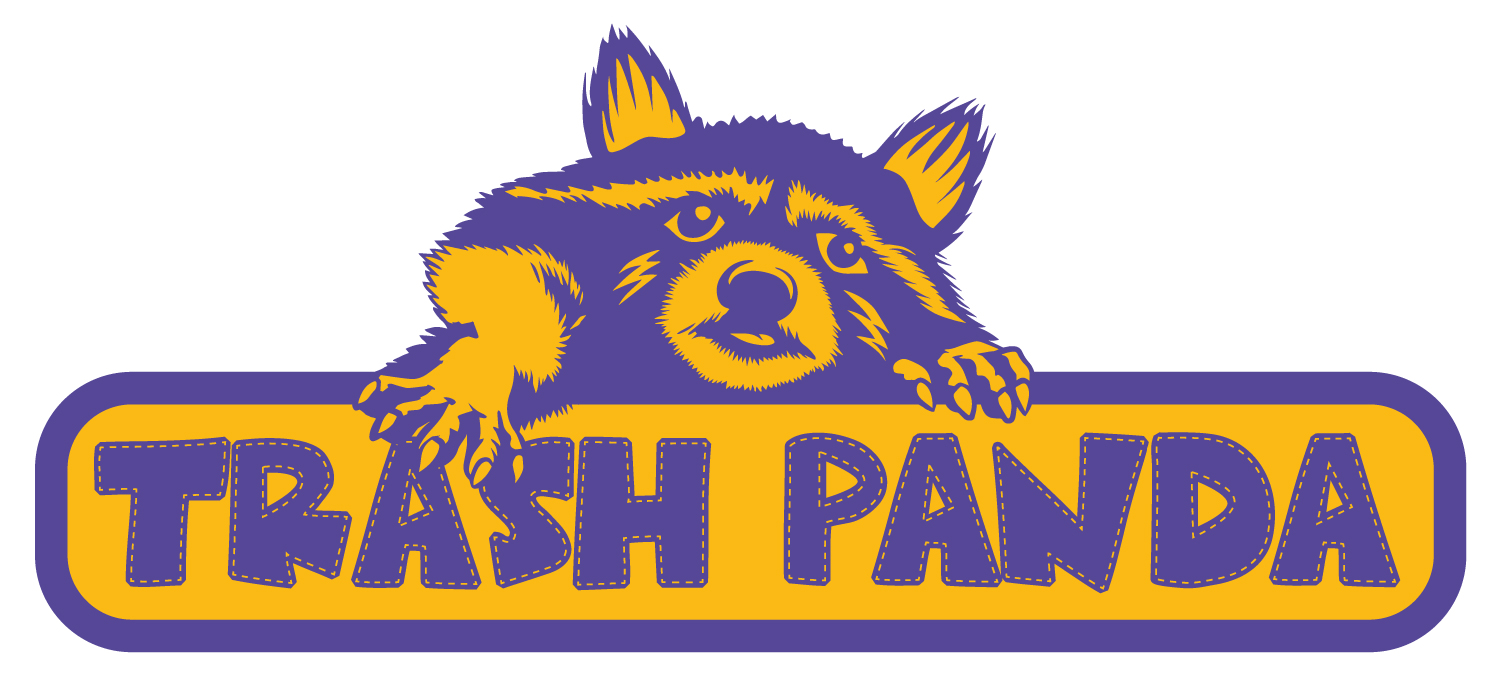 A logo that is mustard and purple in colour, with bold words in a sign format saying 'Trash Panda'. There's a racoon reaching over the front of the sign.
